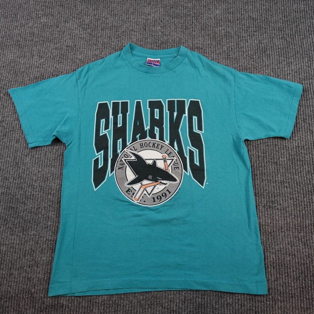 Vintage San Jose Sharks Shirt Mens Large Teal NHL Hockey WOODY Trench Ultra 90s